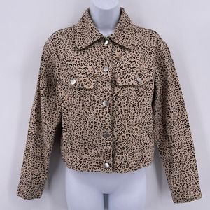 H&M Divided Sz XS Tan Cheetah Jean Jacket Cropped Button Front Pockets Casual